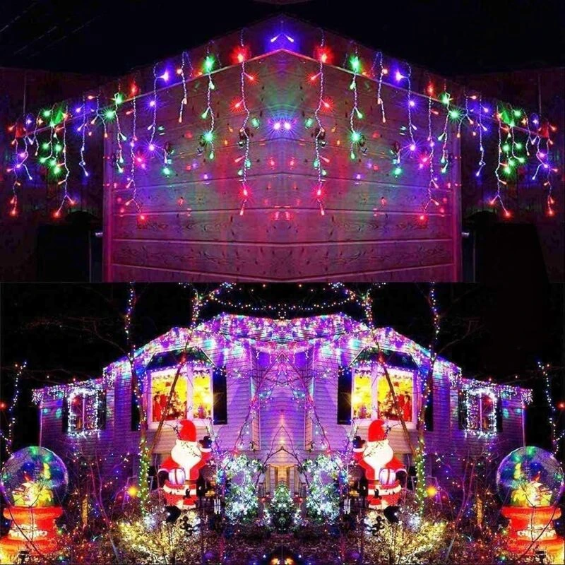 Image of Shatchi 1200 Multicolour ICICLE LED Lights Clear Cable with 8 Effects Multifunction Auto Memory Indoor/Outdoor Christmas Multi