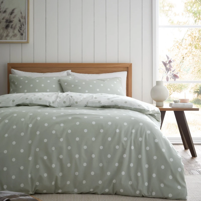 Image of Catherine Lansfield Polka Dot Brushed Duvet Cover Bedding Set Green