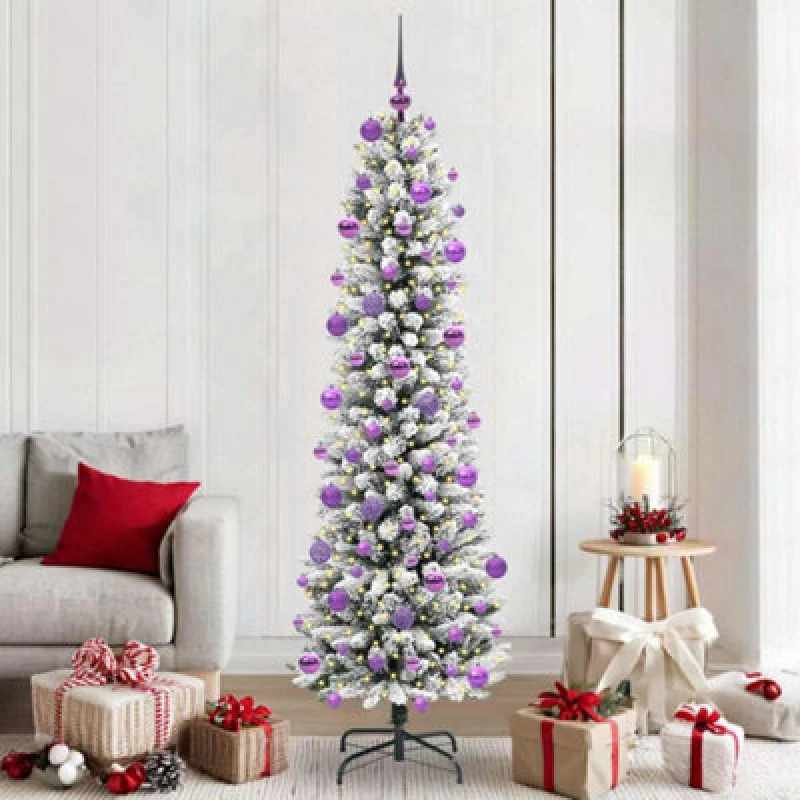Image of vidaXL Artificial Christmas Tree with 300 LEDs, Lilac Balls Green and white 210 cm, Green 3396123