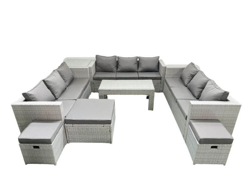 Image of Fimous Rattan Garden Outdoor Furniture Set 12 Seater Garden Sofa Oblong Coffee Table Set with 3 Footstools Side Table Light Grey Mixed Light Grey