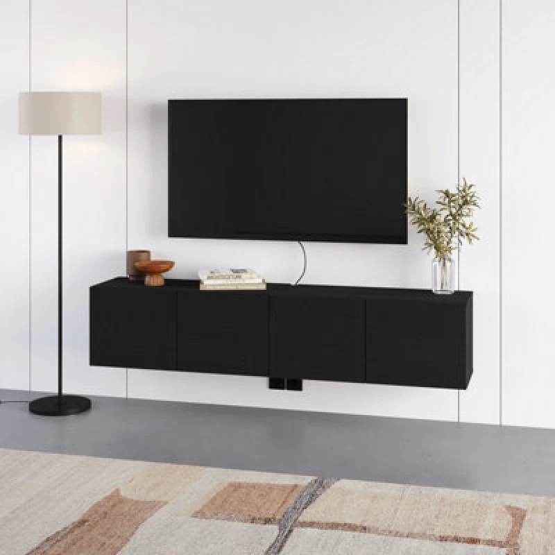 Image of Decortie Daroca Floating Wall-Mounted TV Unit Up To 65-Inch Tvs 180Cm(W) Soft-Close 4 Doors TV Cabinet For Living Room, Black Wood