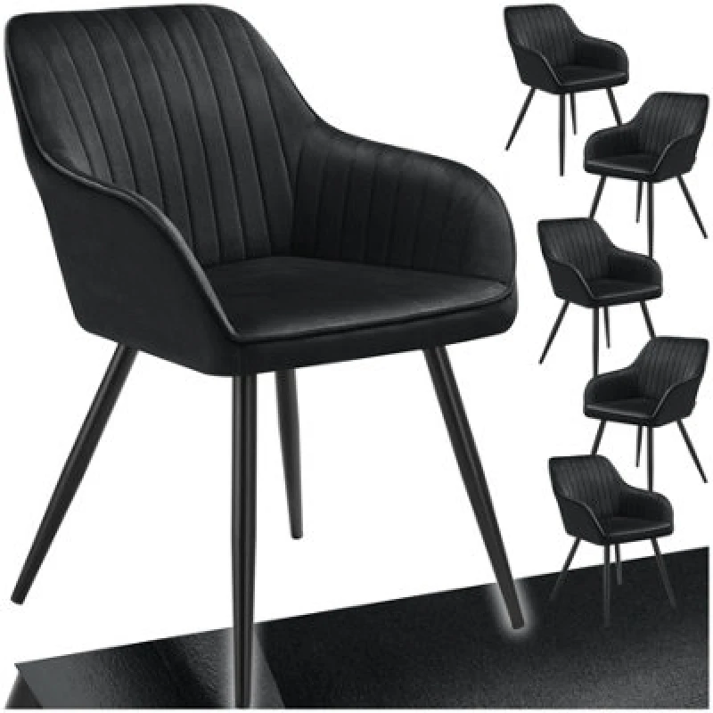 Image of Tectake Set Of 6 Chair Marilyn - Velvet Look, Quilted, Continuous Backrest, Slim Steel Legs - Black/black