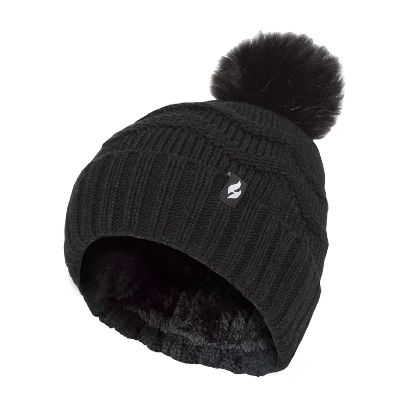 Image of Sock Snob Ladies Zig Zag Turnover Thermal Pom Pom Hat for Winter - One Size / Black