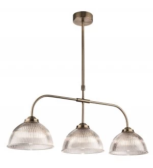 Image of 3 Light Bar Ceiling Pendant Antique Brass with Clear Ribbed Glass, E14