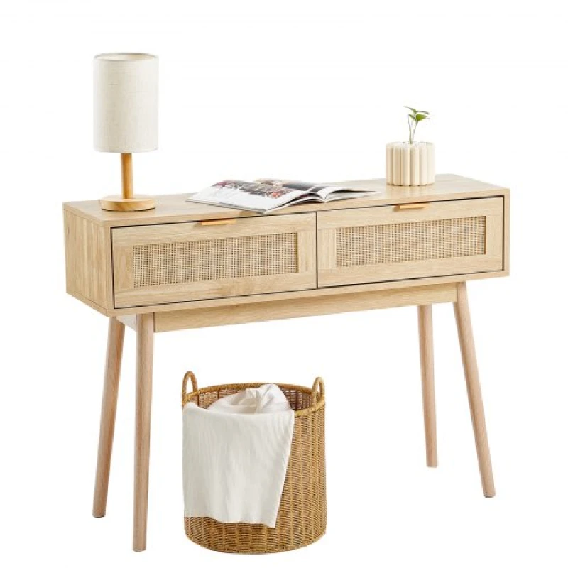 Image of VEVOR Vevor - Rattan Console Table with 2 Storage Drawers, Rattan Entryway Table with Natural Rattan Sliding Door, Console Sofa Table for Living Room,