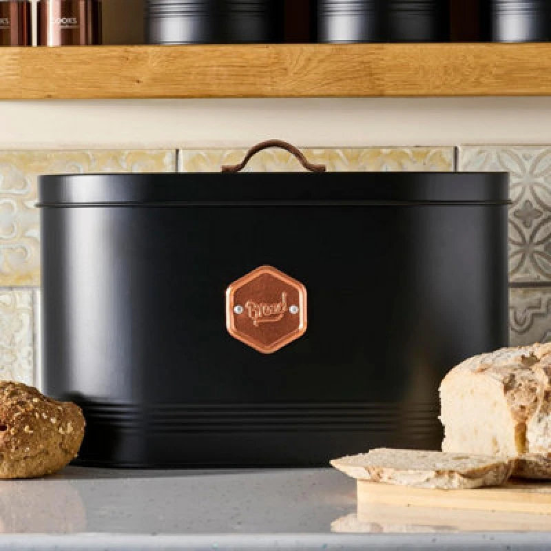 Image of Cooks Professional Bread Bin - Modern Kitchen Countertop Labelled Metal Storage Canister Breathable Container - Black & Copper