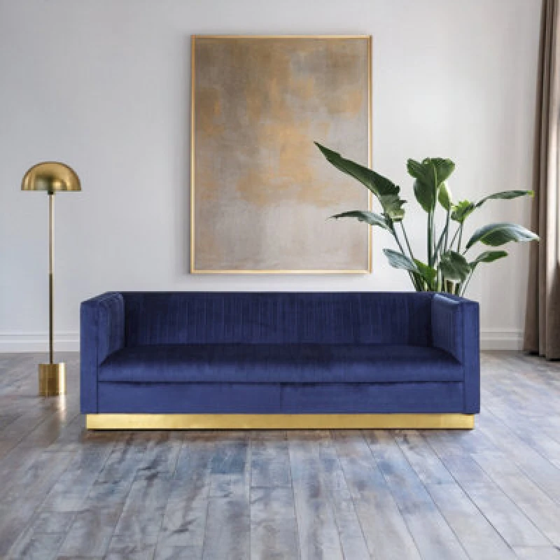 Image of Orsina Luxurious 3 Seat Deep Blue Sofa, Classic Deep Blue Velvet Upholstered Settee Sofa, Luxe 3 Seater Couch