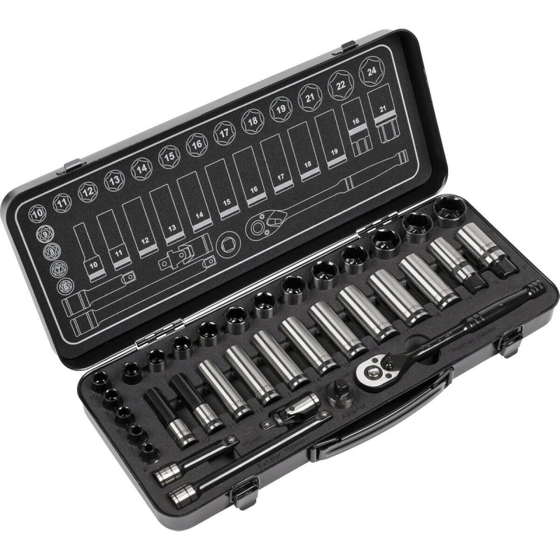 Image of Loops 34pc BLACK SERIES Deep Socket & Ratchet Handle Set -3/8" Sq Drive 6 Point Metric Black