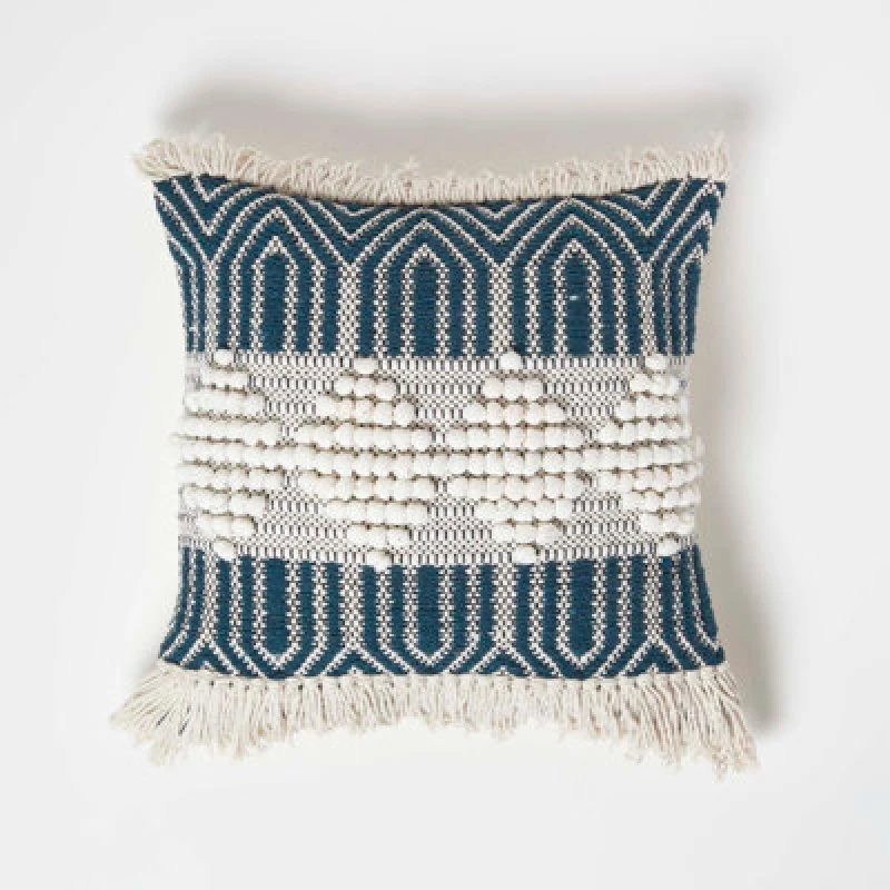 Image of Homescapes Safi Handwoven Fringed Navy & Cream Kilim Cushion 45 X 45 Cm