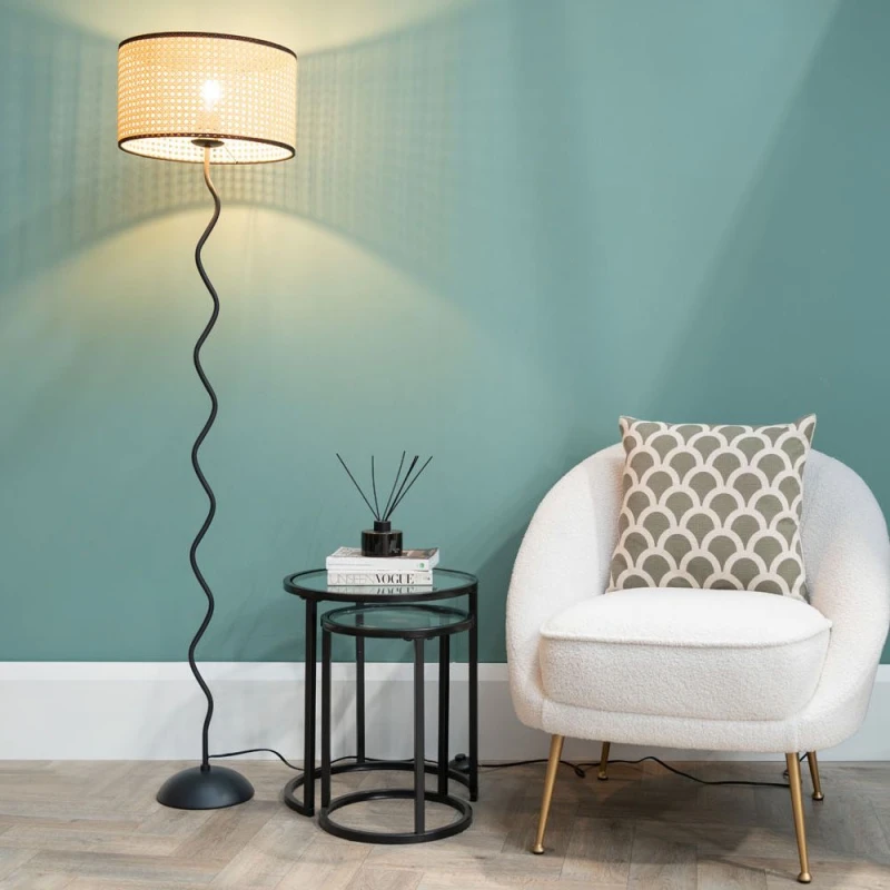 Image of Wiggle Black Metal Floor Lamp with Cane Shade