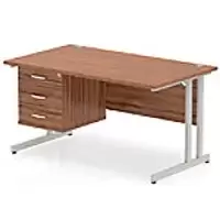 Image of Dynamic Rectangular Office Desk Walnut MFC Cantilever Leg Silver Frame Impulse 1 x 3 Drawer Fixed Ped 1400 x 800 x 730mm