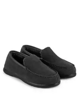 Image of Totes Isotoner Iso-flex Real Suede Moccasin Slippers with Leather Binding, Dark Grey, Size 8, Men