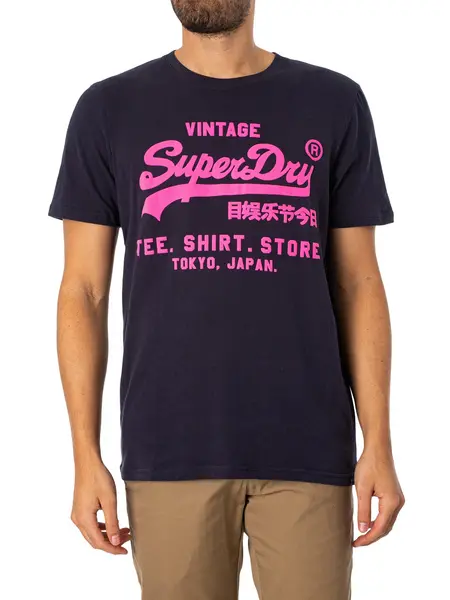 Image of Superdry Neon Vintage Logo T-Shirt French Navy L