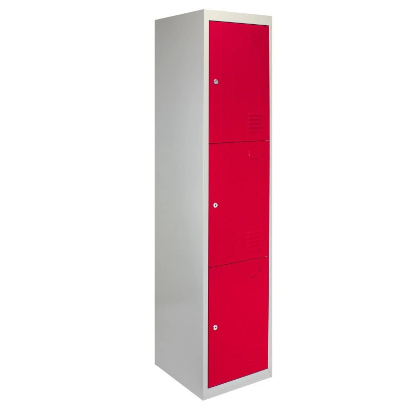 Image of MonsterShop Metal Storage Lockers - Three Doors, Flatpacked, Red