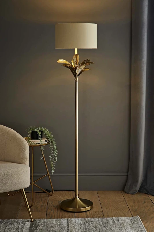 Image of ValueLights ValueLights Christina Fabric with Metallic Gold Inner Drum Shade Gold Palm Leaf Floor Lamp in Beige Beige One Size Unisex 5059406065439