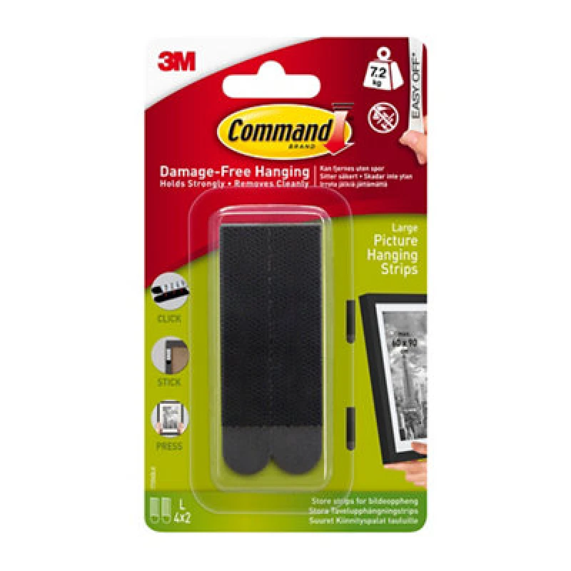 Image of 3M Command Large Black Picture Hanging Adhesive Strip (Holds)7.2Kg, Set Of 8