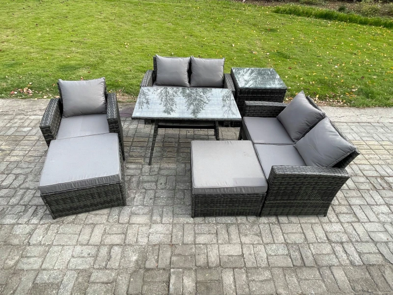 Image of Fimous Garden Dining Set Wicker PE Rattan Outdoor Furniture Sofa with Rectangular Dining Table Double Seat Sofa Side Table 2 Big Footstool Dark Grey U