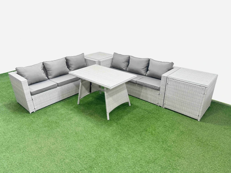 Image of Fimous 6-seater Patio Rectangular Table 3 Seater Sofa Set with 2 Side Tables in Light Grey Light Grey Unisex