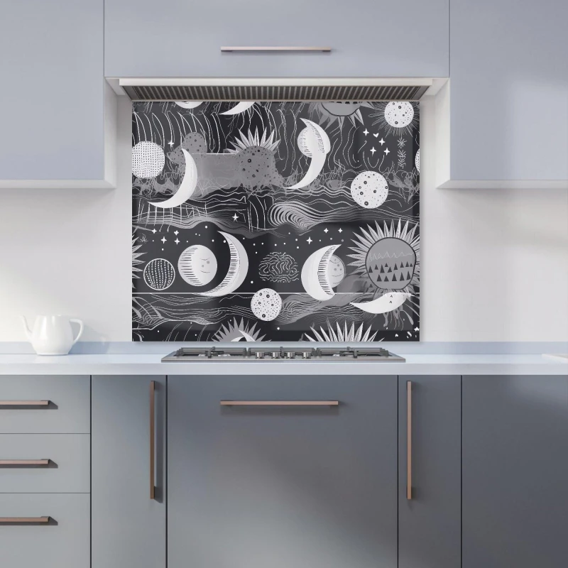 Image of Warren Reed - Designer Abstract Black White Moon & Sun Kitchen Splashback in Grey Size: 700mm x 650mm Grey Unisex 700mm x 650mm