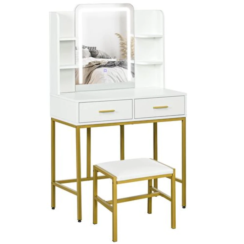 Image of HOMCOM Makeup Vanity Desk Set w/ Lighting Mirror, Stool, Drawers, White 831-810V71WT