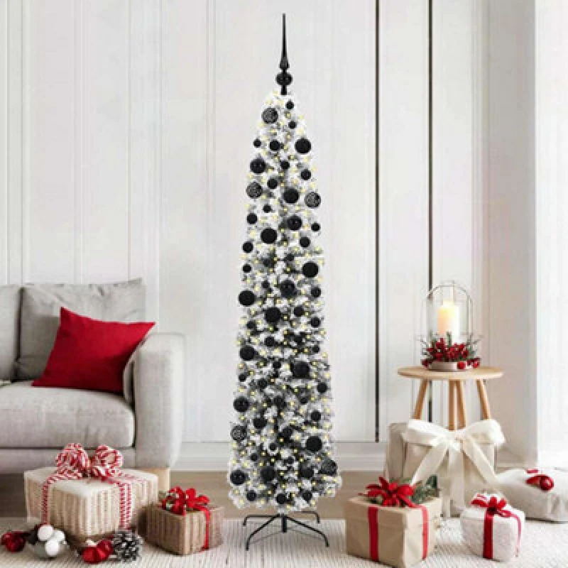 Image of vidaXL Artificial Christmas Tree with 300 LEDs, Black Balls with Stand Snow Flocked Green 180 cm, Green 3395019