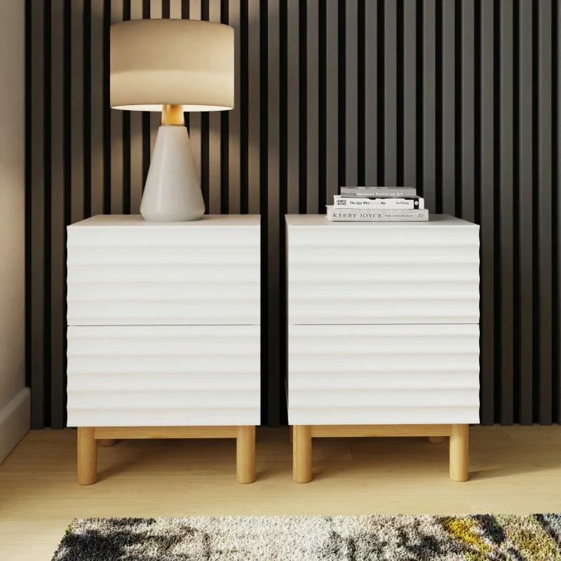 Image of GFW Karla White Ribbed Pair of 2 Drawer Bedside Tables