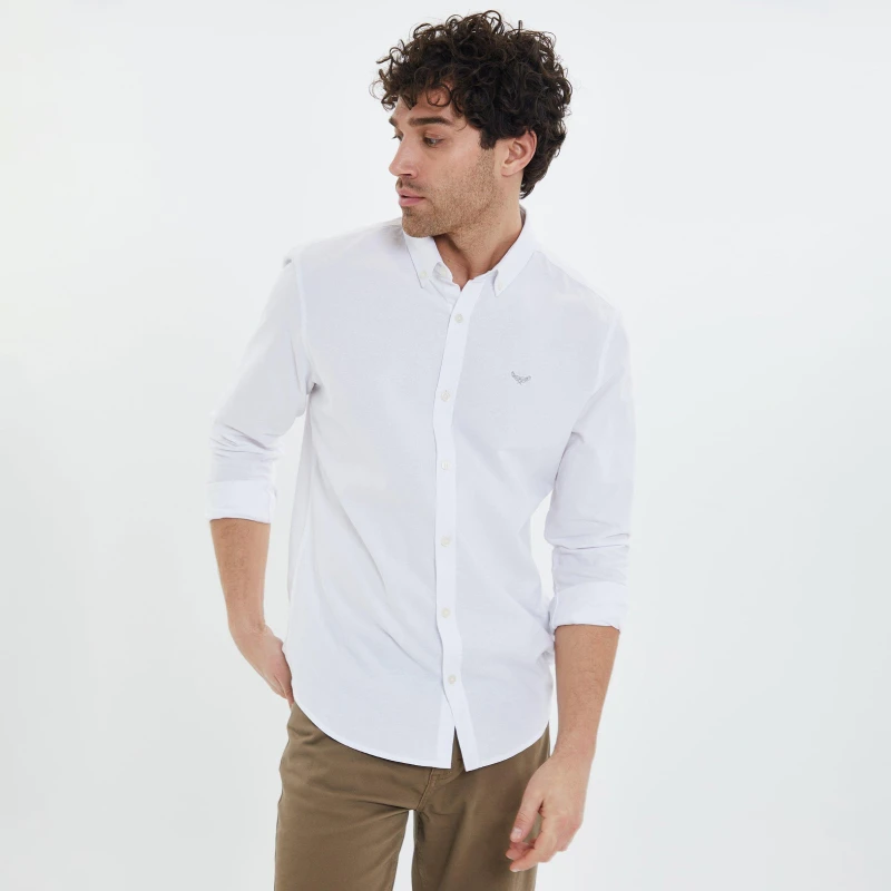 Image of Threadbare Threadbare Men Oxford Cotton 'Beacon' Long Sleeve Shirt in White Size: large White L Male 7625914892607