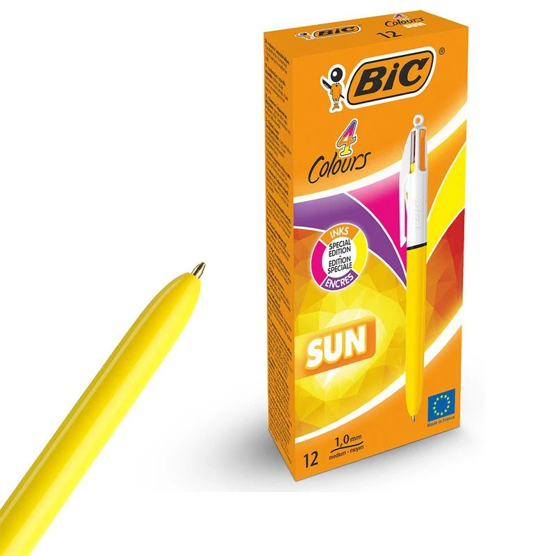 Image of Bic 4 Colours Multicolour Sun Sunny Yellow Barrel Ballpoint Pen - 12 Pack (982871)