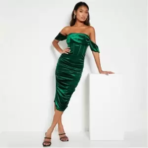 Image of I Saw It First Velvet Corset Drape Shoulder Midi Dress - Green