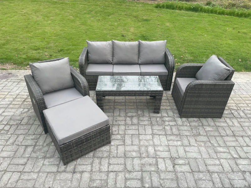 Image of Fimous Wicker PE Rattan Garden Furniture Set Outdoor Lounge Sofa Set with Reclining Chair Coffee Table Big Footstool Dark Grey Dark Grey