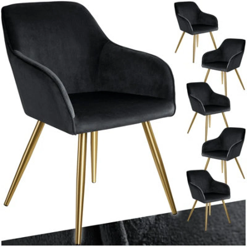 Image of Tectake Set Of 6 Chair Marilyn With Velvet Cover, Gold Steel Legs And Plush Padding - Black/gold