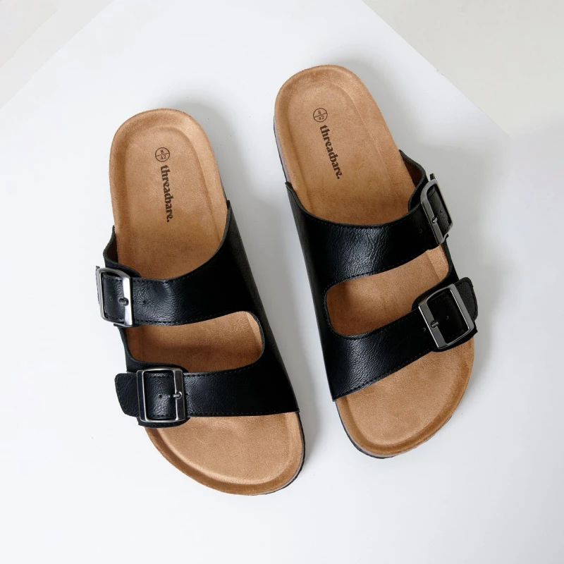 Image of Threadbare Mens Slip-On Two Buckle Strap Flat Sandals Black male 11