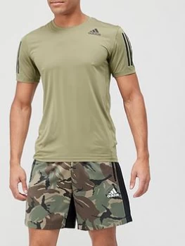 Image of adidas 3 Stripe Techfit Baselayer Short Sleeve T-Shirt - White, Khaki, Size L, Men