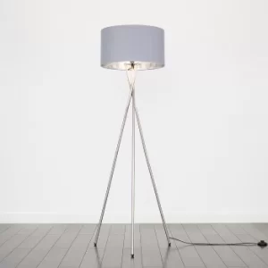 Image of Camden Brushed Chrome Tripod Floor Lamp with XL Grey and Chrome Reni S