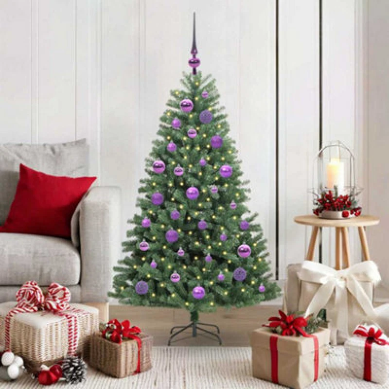 Image of vidaXL Artificial Hinged Christmas Tree with Lilac Balls Green 120cm PVC and Metal, Green 3395475