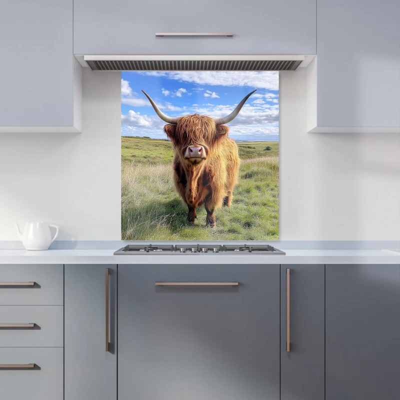 Image of Warren Reed - Designer Highland Cow In Summer Kitchen Splashback Size: 700mm x 750mm Multicolor Unisex 700mm x 750mm