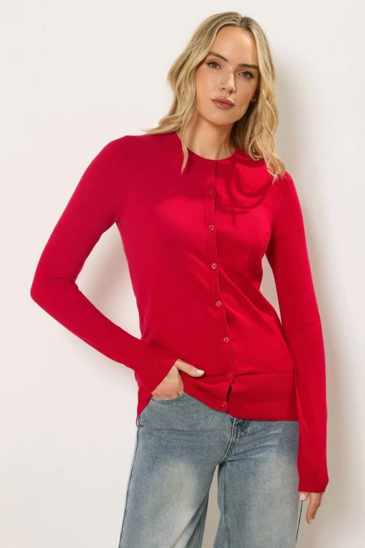 Image of Long Tall Sally Womens Tall Crew Neck Button Cardigan in Red Size: 10-12 Red Female 10-12