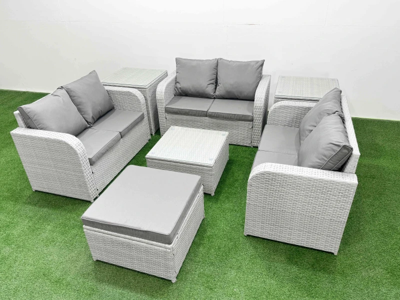 Image of Fimous 7 Seater PE Wicker Rattan Furniture Sofa Sets with Square Coffee Table 2 Seater Love Sofa Big Footstool 2 Side Table Light Grey Light Grey