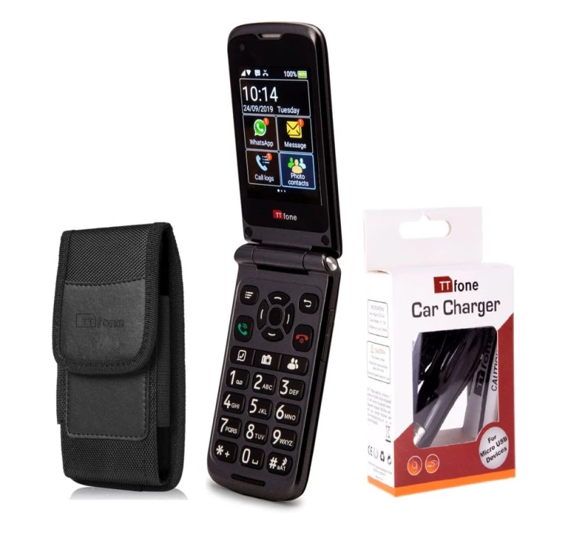 Image of TTfone TTfone Titan TT950 Touch Screen WhatsApp Flip Senior Mobile Bundle: Nylon Holster Case, Car Charger, Three Pay As You Go