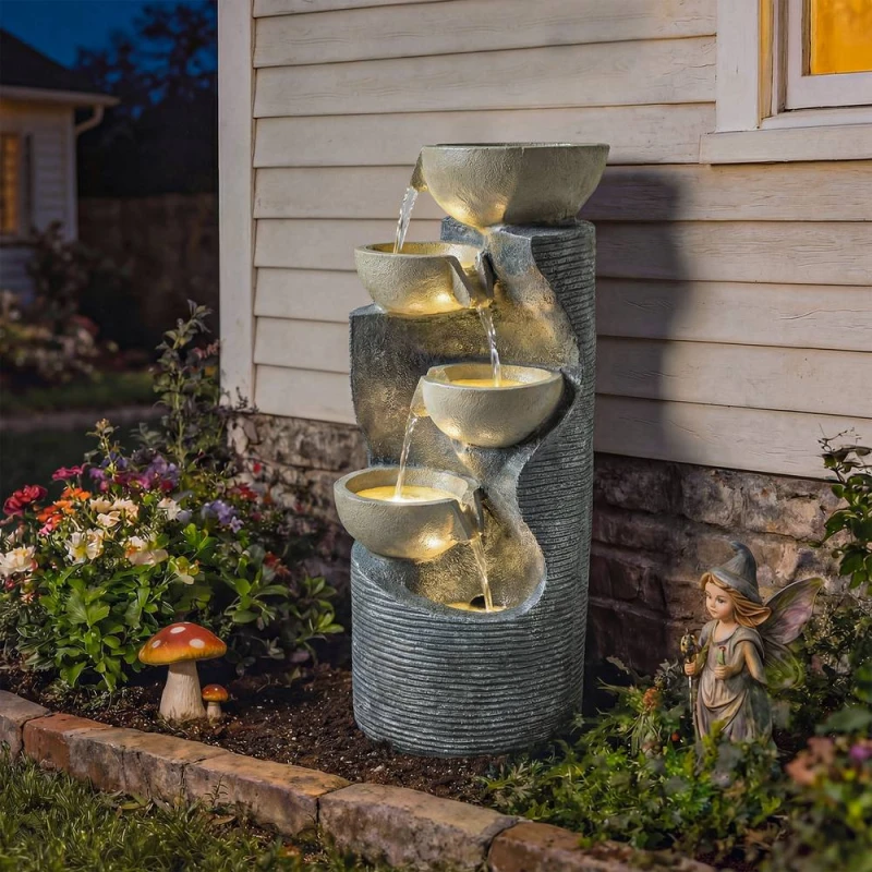 Image of OUTSUNNY 5 Tier Garden Water Feature, Outdoor Water Fountain with LED Lights Multicolor Unisex