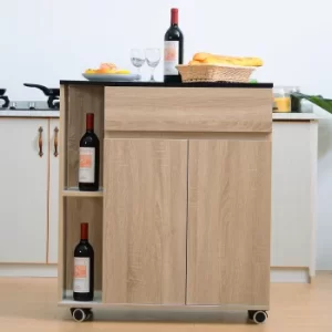 Image of HOMCOM Kitchen Storage Trolley Cart Cupboard Rolling Island Shelves Cabinet with Door and Drawer Locking Wheels