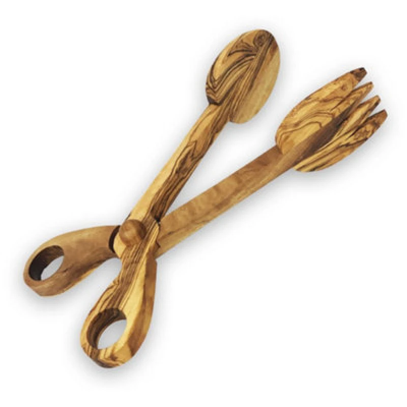 Image of Verano Spanish Ceramics Olive Wood Salad Serving Tongs Natural Grained Rustic Kitchen Dining Server 27Cm