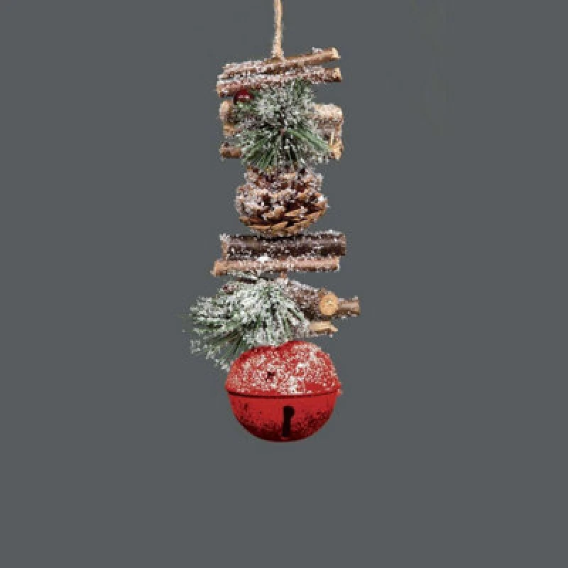Image of Shatchi Hanging Decoration with Jingle Bells Wooden Sticks, Berries and Pinecones Christmas Home Wall Door 33cm Red Red