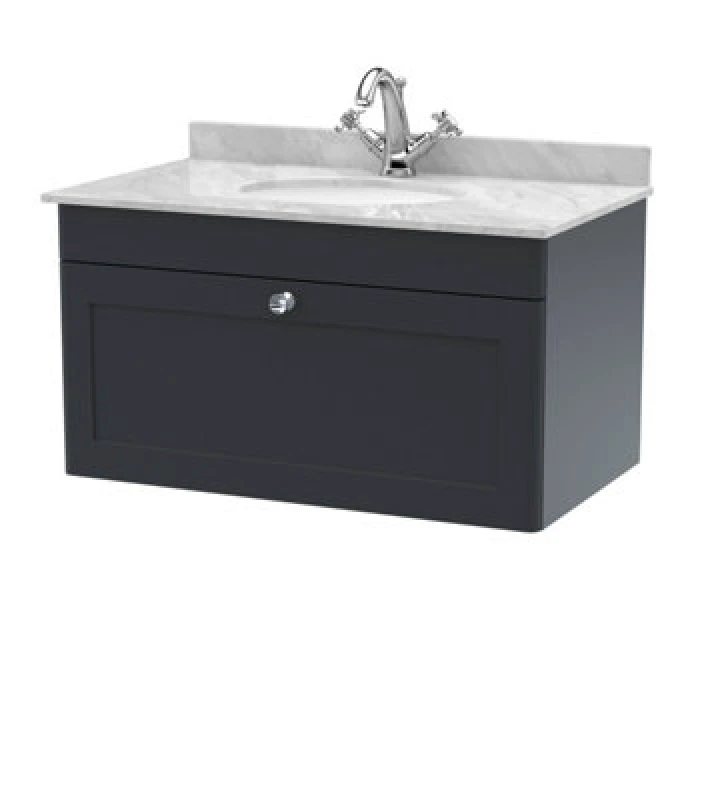 Image of nuie 800mm Wall Hung 1 Drawer Vanity & Marble Top 1TH - Soft Black CLC1496GR1