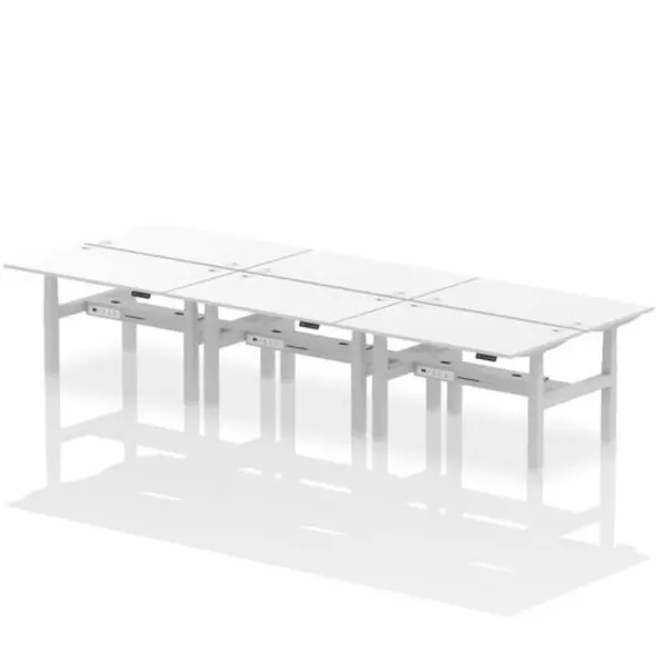Image of Air Air Back-to-Back 1400 x 800mm Height Adjustable 6 Person Bench Desk White Top with Cable Ports Silver Frame HASCP6P14800WHTS