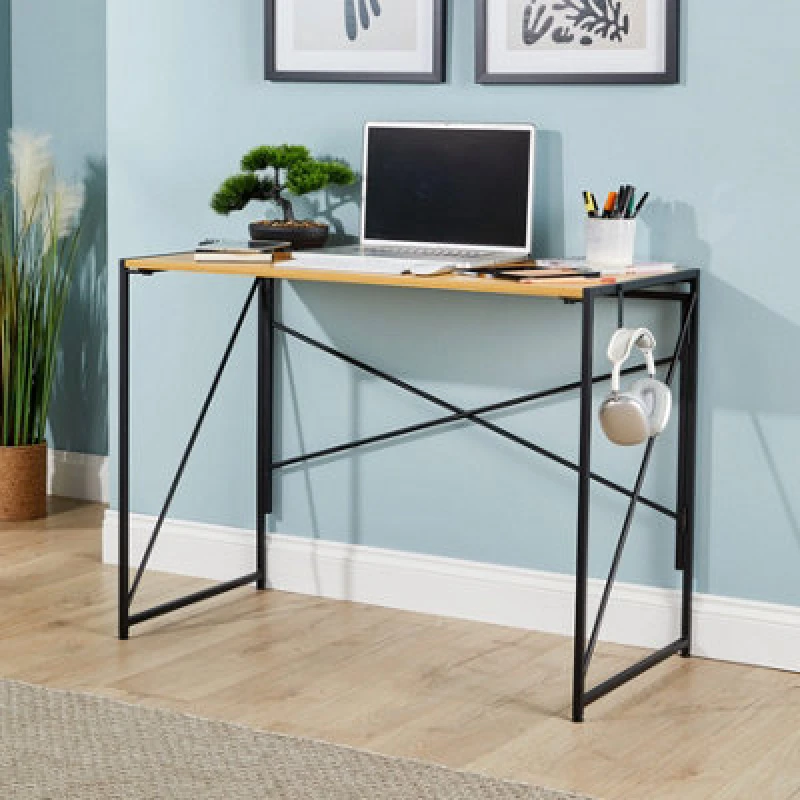 Image of Home Source Brampton Folding Light Oak Compact Desk Storage Hook Wood And Metal Home Office Workstation