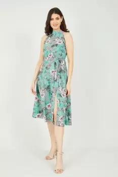 Image of Sage Green Tropical Palm Print Halter Dress