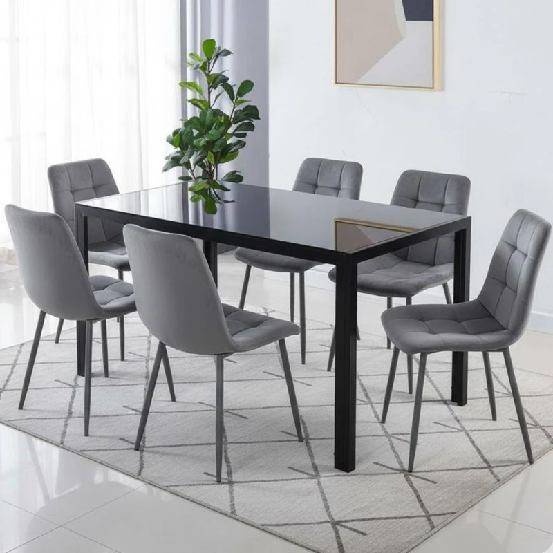 Image of KOSY KOALA Black Glass Dining Table Set With 6 Grey Velvet Chairs Grey Unisex