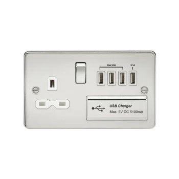 Image of Flat plate 13A switched socket with quad USB charger - polished chrome with white insert - Knightsbridge