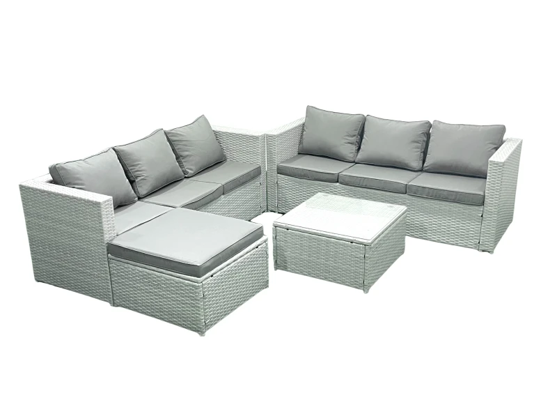 Image of Fimous Rattan Garden Outdoor Furniture Set 7 Seater Rattan Garden Sofa Set with Big Footstool Light Grey Mixed Light Grey